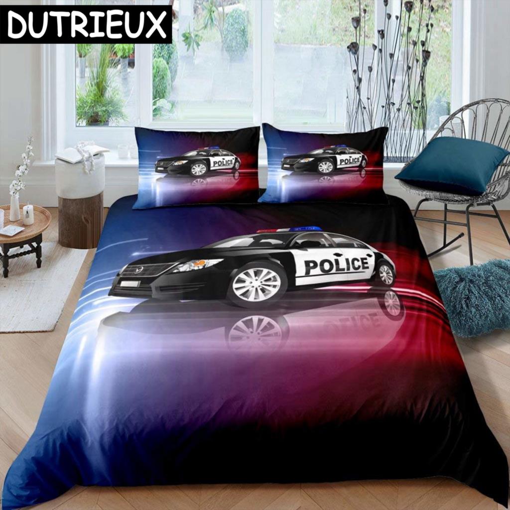 Policajtské auto Král Královna Povlak na přikrývku Kreslené auto Ložní souprava Děti Chlapci Modrá Šedá Vozidla záchranné služby Polyesterový Povlak na přikrývku