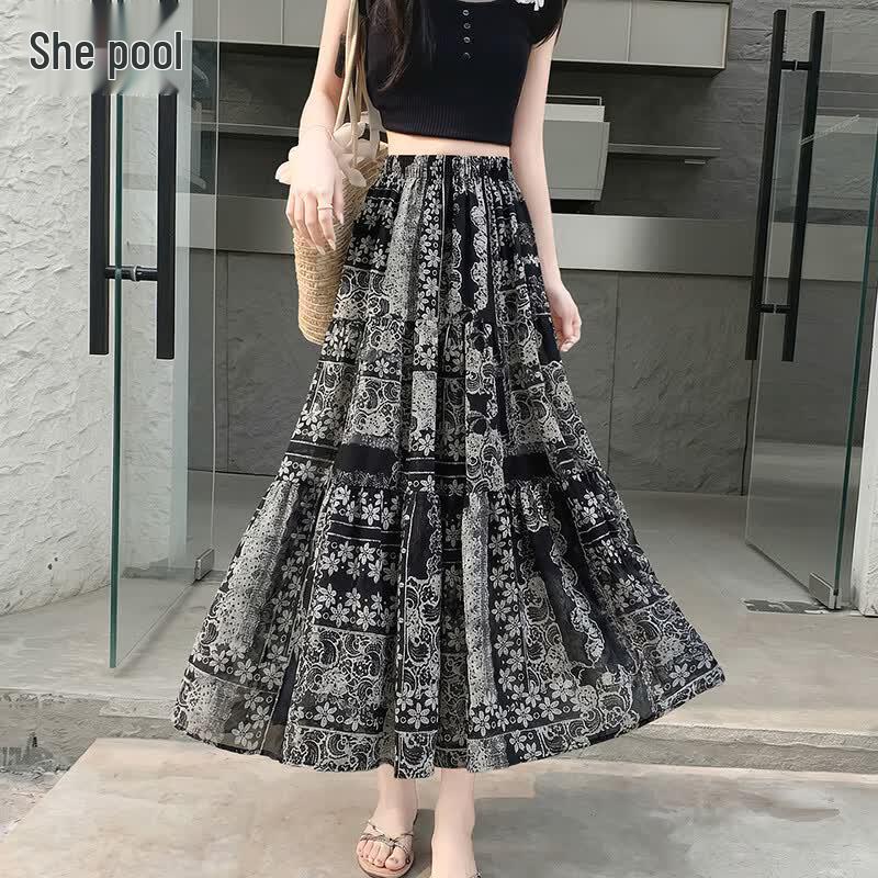 Women s Elastic Waist Color Block Floral Midi Skirt One Size