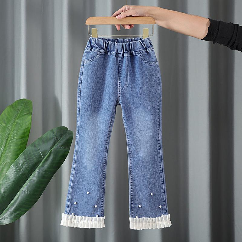 Girls' Jeans Spring and Autumn Casual Children's Loose Flare Pants Lace Pearl Girls' Denim Pants