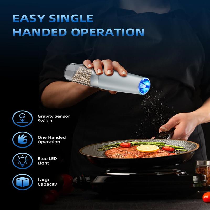 Elektrisches Schwerkraft-Pfeffer- und Salzmühlen-Set, einstellbare Grobheit, batteriebetrieben mit LED-Licht, automatische Einhandbedienung