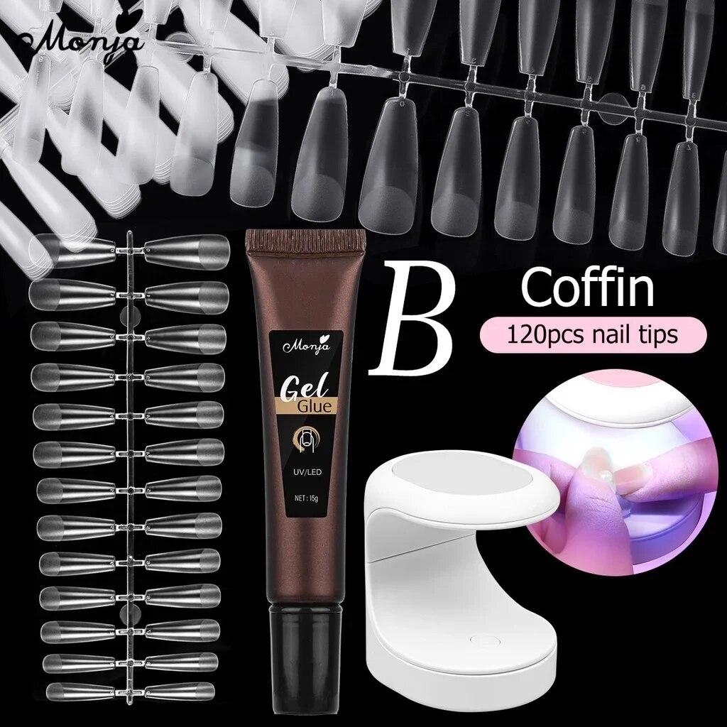 monja Kit di estensione per unghie in acrilico da 3 pezzi, lampada essiccante a LED da 6 W, colla per gel UV da 15 g, adesivo per punte finte a mandorla, quadrate opache e lunghe