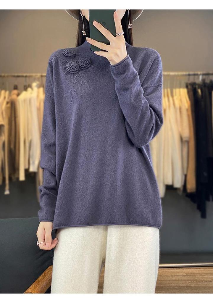 Women's Casual Rolled Hem Wool Sweater, Half-High Collar Loose Fit, Solid Color Base Layer for Autumn & Winter
