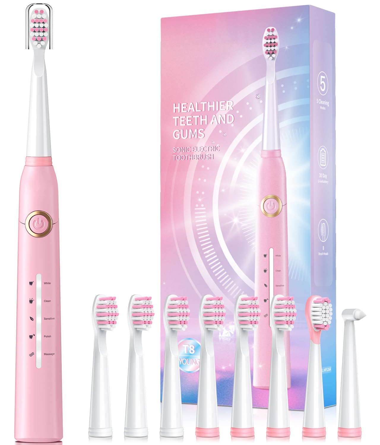 

Электрическая зубная щетка Sonic с 8 щетками VPM 5 Sonic Toothbrush Quick Charge 4 хватает на 30 розовых головок, 40 000 режимов, часов, дней,