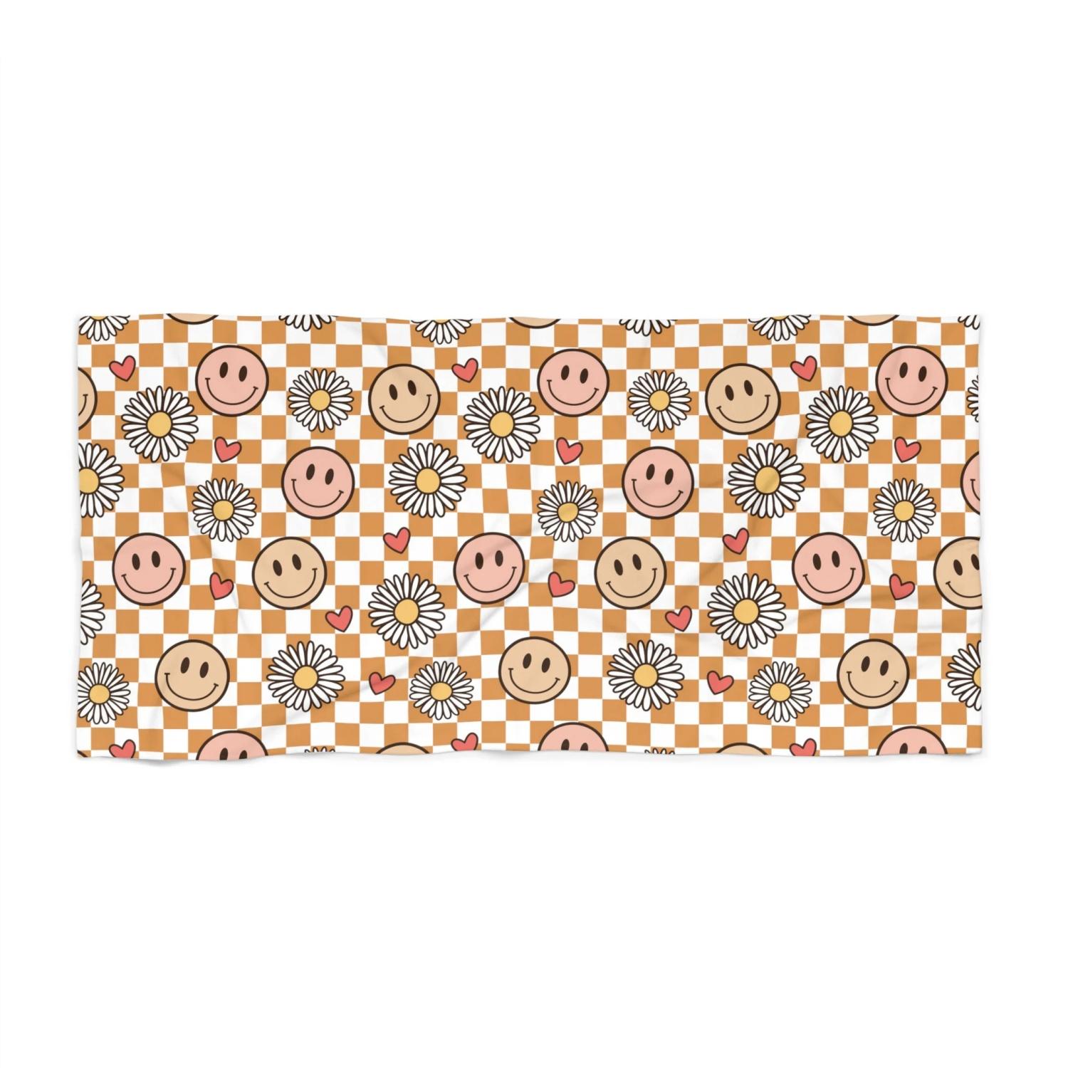 Smile Face Beach Towel, Groovy Checkered Print with Smile Faces, Summer Gifts, Y2K Towels, Beach Blankets, Kids Beach Towel 50x100cm