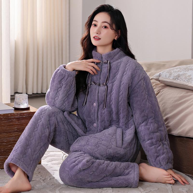 Pajamas Women's Winter Coral Fleece Thickened Fleece Three-layer Padded Cotton Winter Flannel New Padded Jacket Loungewear