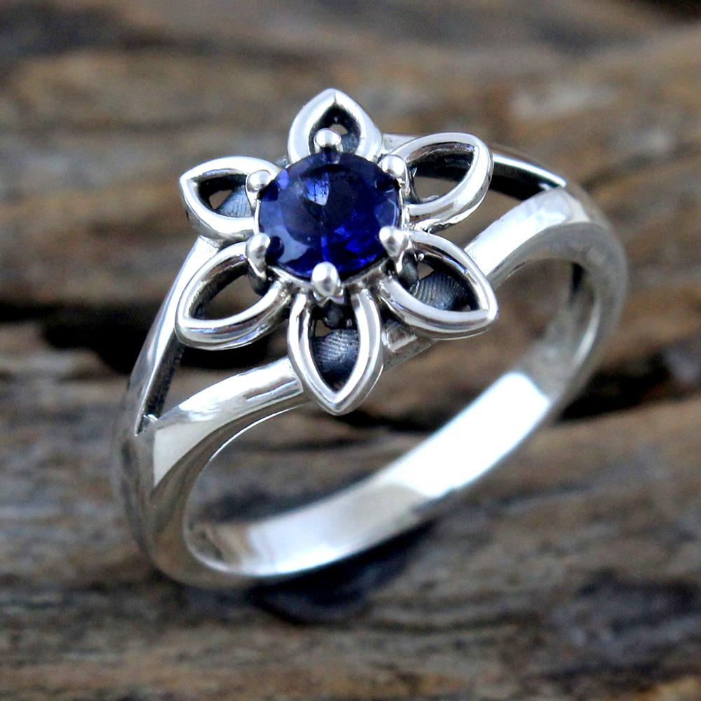 Bague Fleur, Bague Saphir Argent, Bijoux Faits Main en Argent Sterling 925, Bague Argent, Cadeau Pour Elle