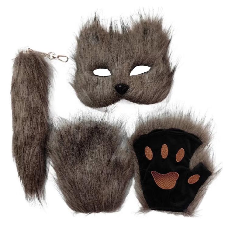 Halloween Costume Set Plush Face Cover Furry Gloves Foxes Tail Paws Gloves Animal Dress Up Set for Cosplay Enthusiasts