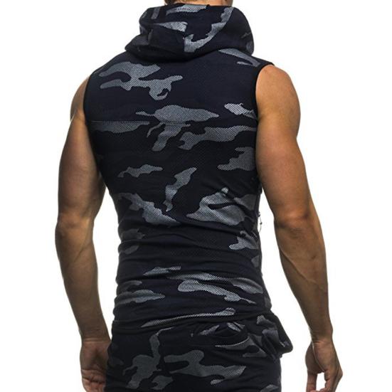 Sommer Herren Gym Fitness Camouflage Mesh Kapuzenpullover mit Reißverschluss Ärmelloses Kapuzen-Tanktop