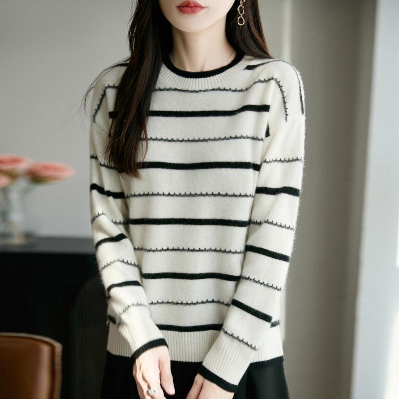 Women's Blue & White Striped Wool Knit Long-Sleeve Top - Elegant & Comfortable 2025 Autumn Style