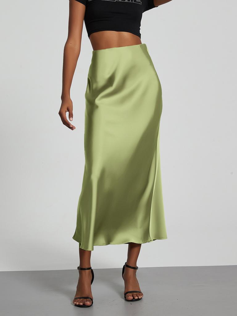 Women's Clothing Elegant Satin Midi Skirt Slim Fit High-Waisted Dress