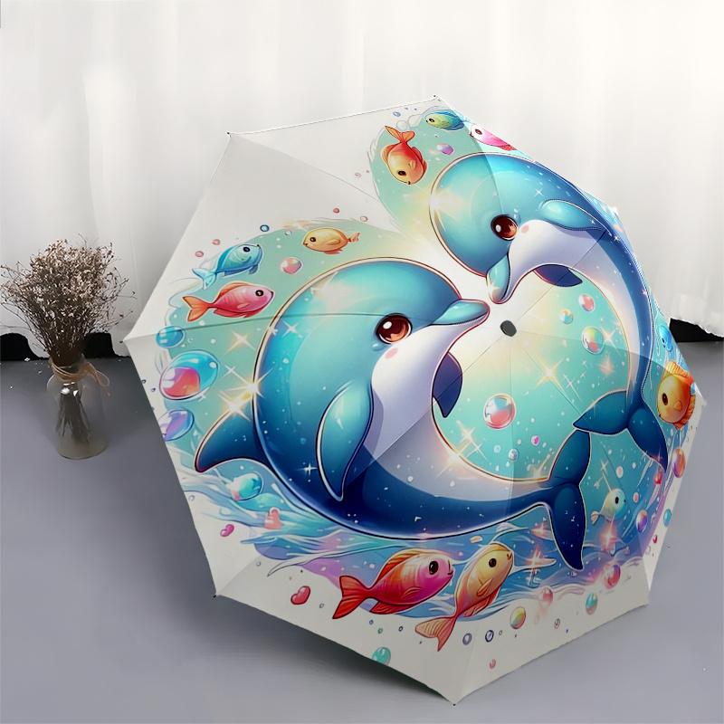 Dolphins Heart Automatic Folding Umbrella  Simple 8 Rib Design, Bright Cartoon Pattern, Durable Iron Frame, Suitable For Travel, Outdoor, Be