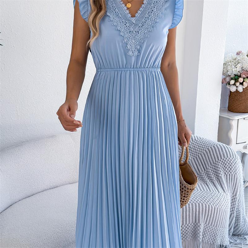 2026 Spring/Summer Women's Lace V-neck Black Ear Edge Waist Pleated Dress S-XL
