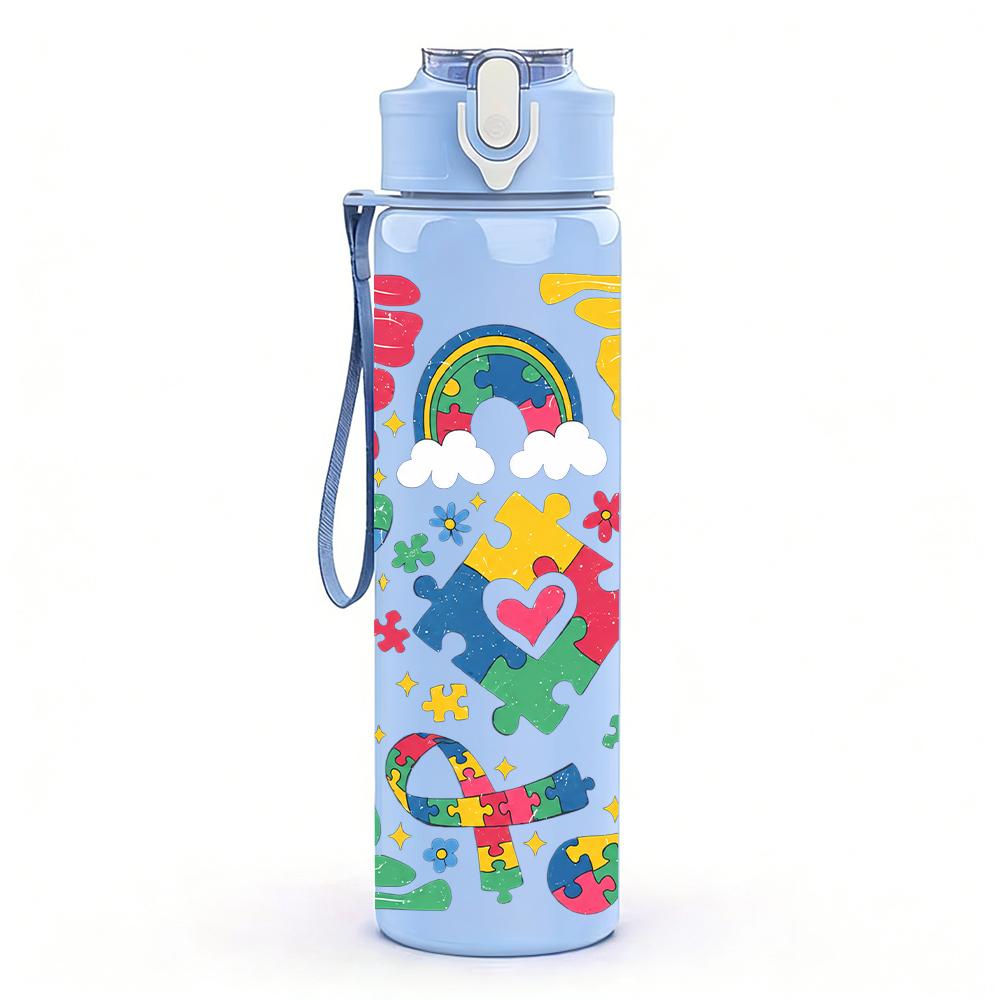 1PC Rainbow Flower Abstract Layout 750ml Color Plastic Water Bottle Leakproof Flip Straw Lid For Sports Office Home Use