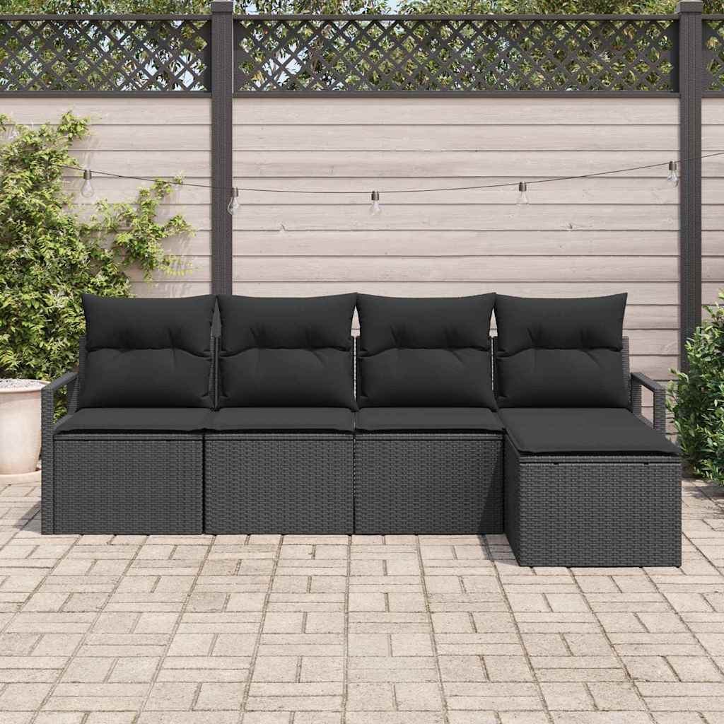 5 Piece Sofa Set with Cushions and Storage Black Poly Rattan