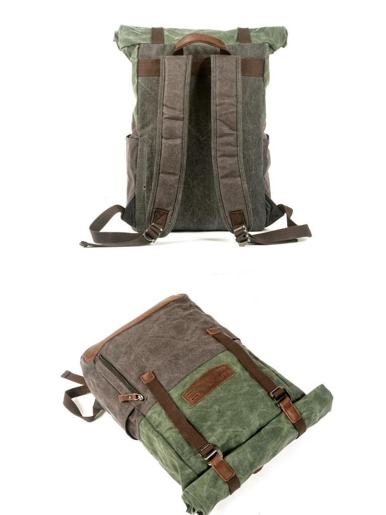 Retro European & American Color Block Canvas Backpack - Oil Wax Finish for Outdoor Hiking, Travel, Mountaineering, School, or Students