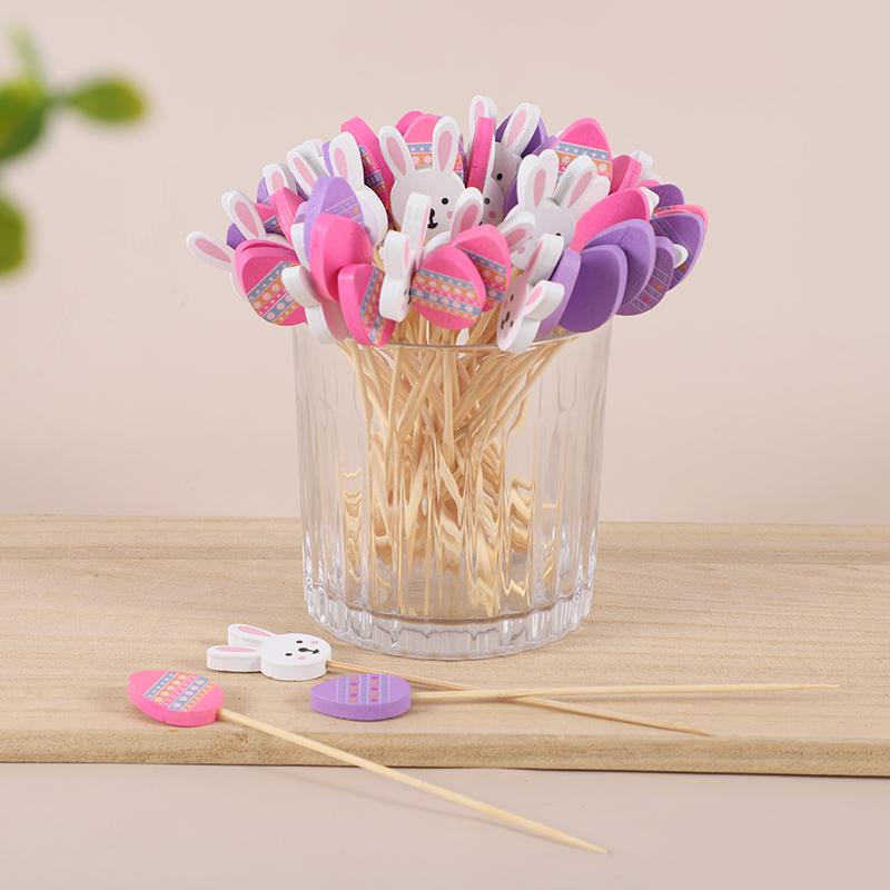 100pcs Easter Disposable Bamboo Skewers Rabbit Eggs Food Picks Fruit Fork Cupcake Buffet Stick Easter Party Decoration Birthday