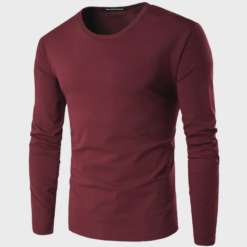Men's Long-Sleeve Slim Fit Round Neck Cotton T-Shirt - Solid Color Autumn/Winter Collection