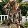 Boho Locker Bluse Damen Sommer Lässiges Hemd, V-Ausschnitt Schnürung 3/4 Ärmel Bluse, Kariert Dreiviertel Puff Oberteil Druck Fließende Oberteile, Leicht Atmungsaktiv