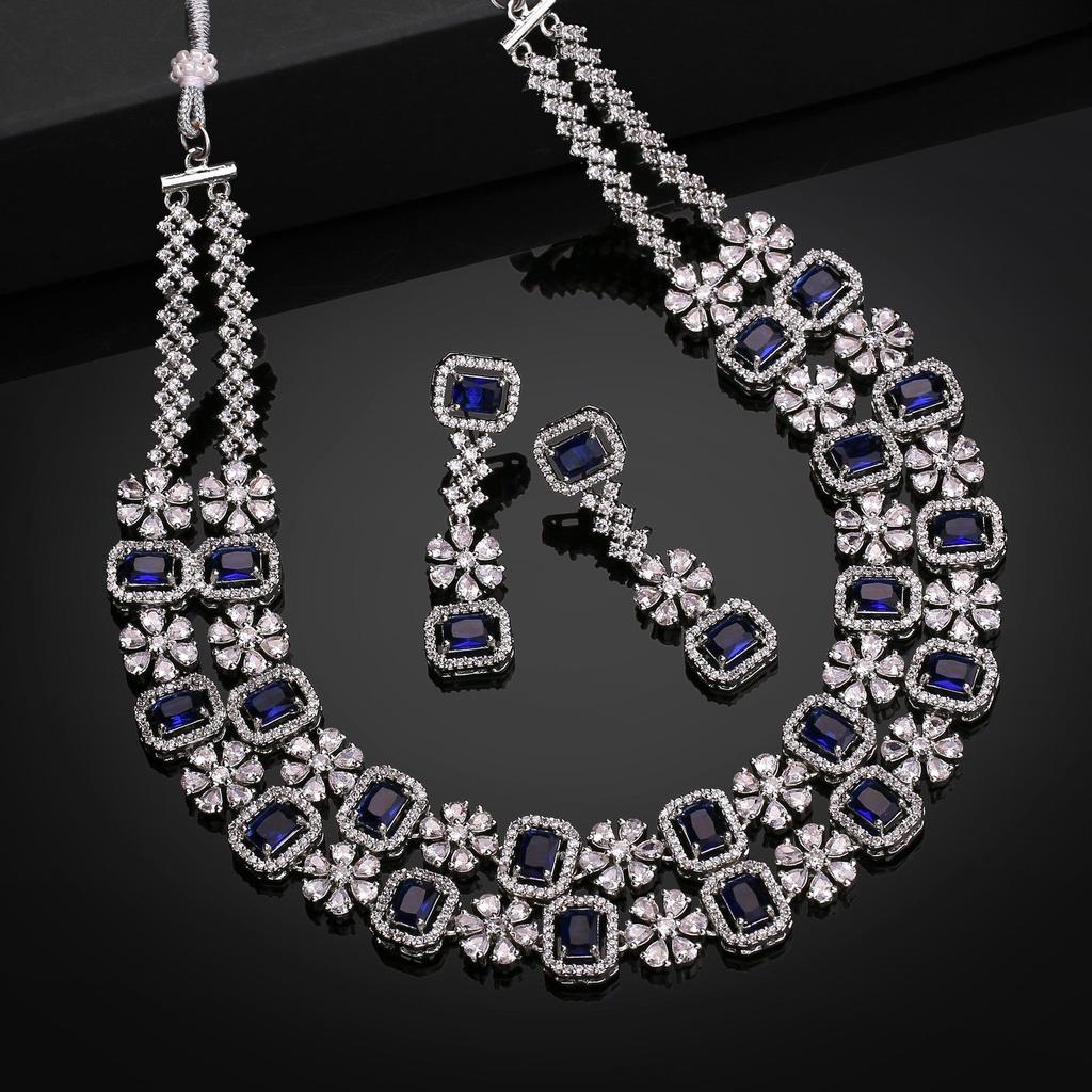Amazing Estele Double Layered Necklace Set with Rhodium Plated CZ and Blue Stones for Women