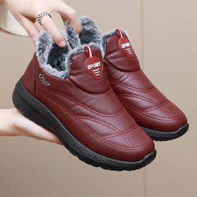Winter oudere moeder katoenen schoenen zachte zool antislip opgestapeld verdikte warme schoenen leren oppervlak waterdichte dames katoenen laarzen