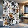 1pc Grey and gold floral patterned shower curtain with hooks, polyester fabric, suitable for bathroom décor.
