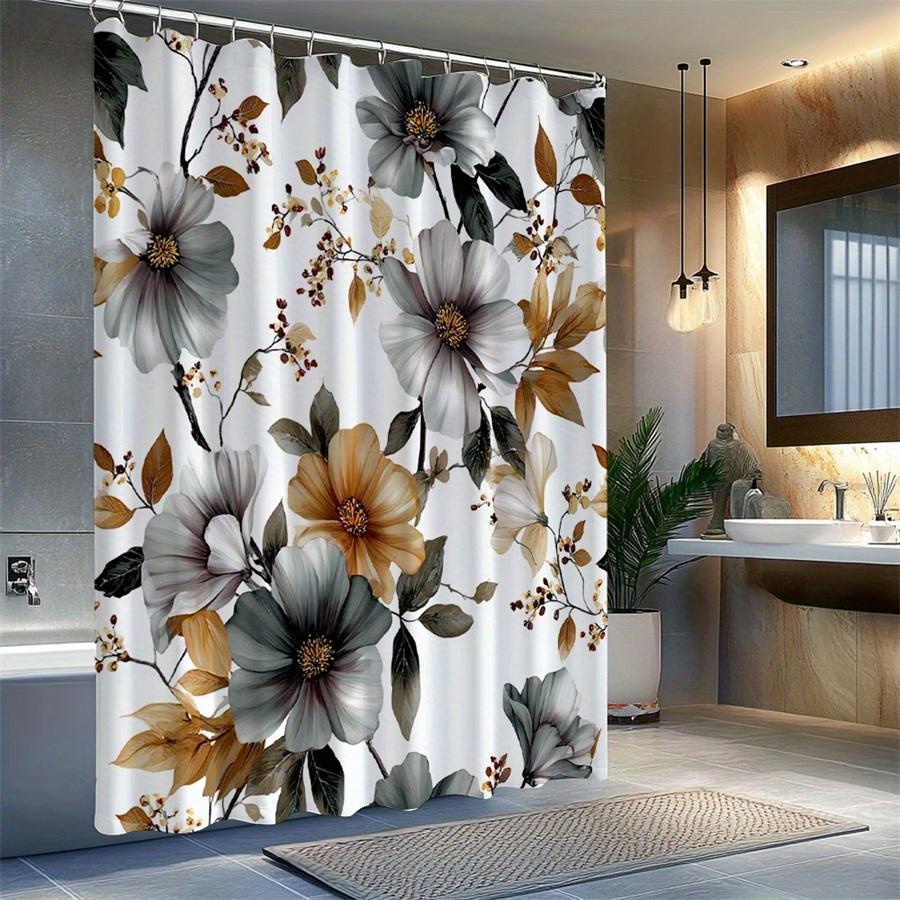 1pc Grey and gold floral patterned shower curtain with hooks, polyester fabric, suitable for bathroom décor.