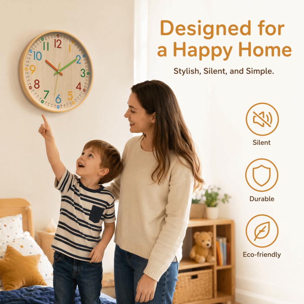 12 Inch Teaching Kids Wall Clock Silent Quartz Wall Clock Minimalist Wooden Wall Clock Office
