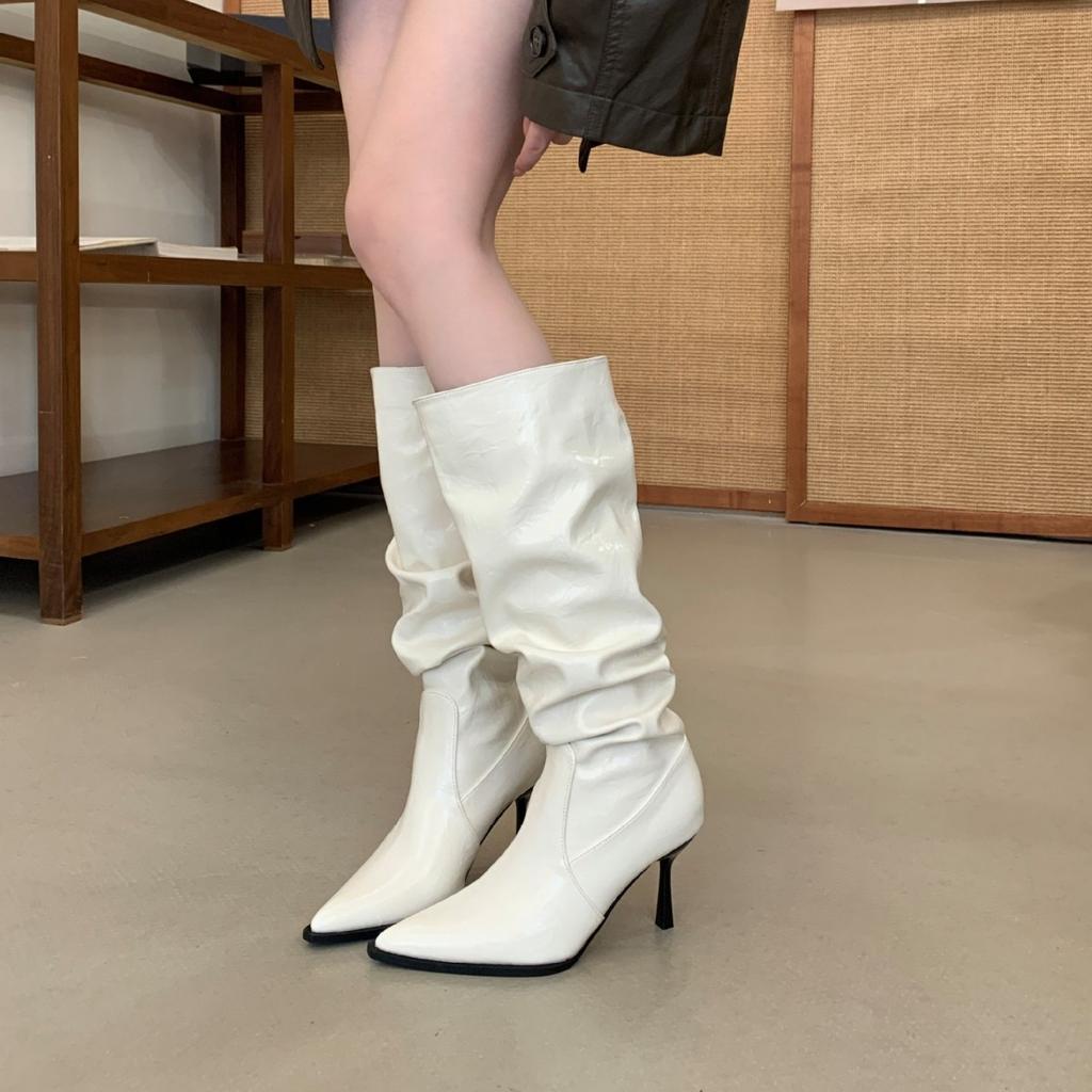 [] Autumn and winter French pointed temperament long boots pleated thin boots thin heel high knight boots