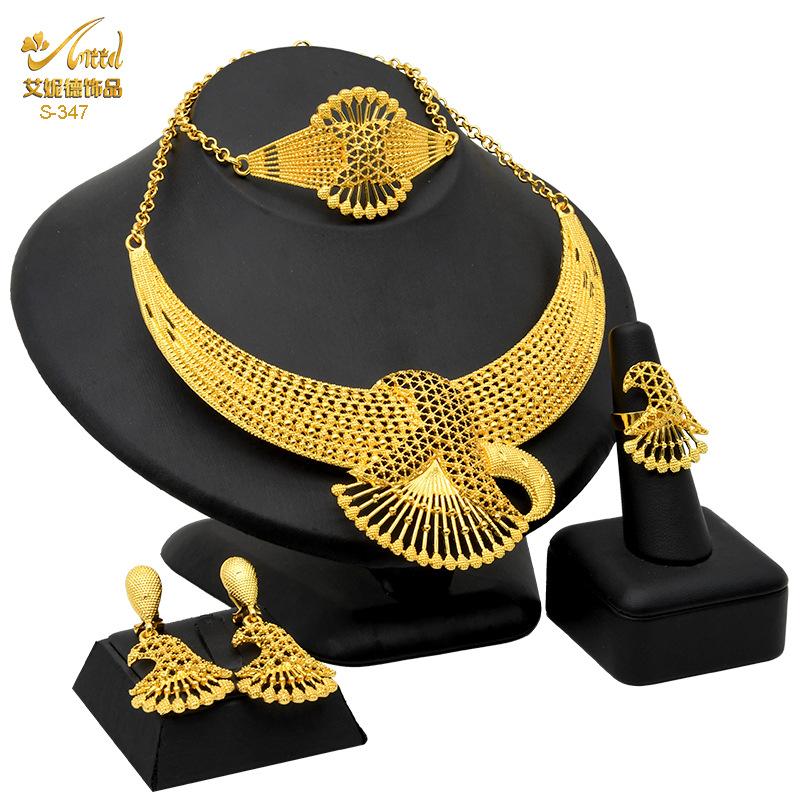 24K Gold Plated Arab Women's Bridal Necklace Earrings Ring Bracelet Indian Women's Jewelry Set 2026