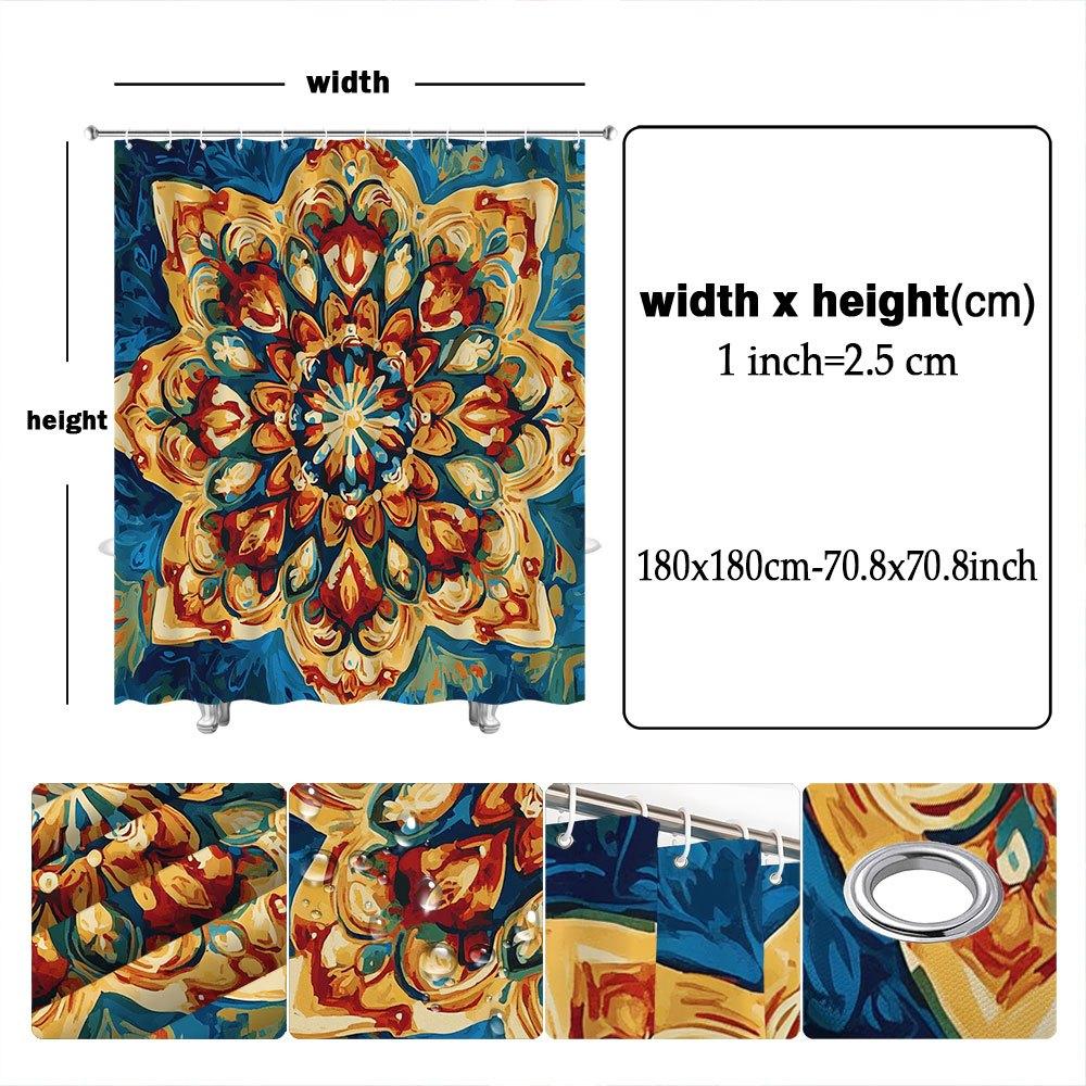 1Pc Vibrant Mandala Shower Curtain - Symmetrical Floral Geometric Design In Blue, Orange, Red & Yellow, Machine Washable
