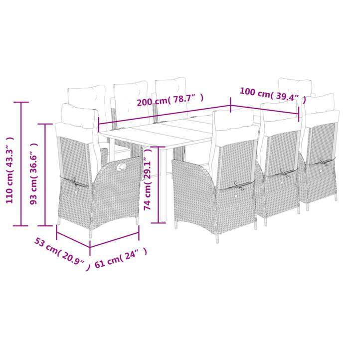 VidaXL Ensemble à Manger de Jardin avec Coussins 9 pcs, Table et Chaises avec Dossier Réglable, Meubles d'Extérieur, 3213419