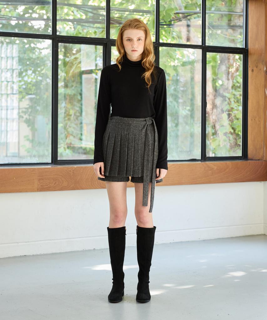 Alikim Classy Herringbone Wool Skirt Pants / Charcoal
