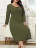 Women's V Neck Long Sleeve Midi Dress Loose Fit Mid Waist Solid Color Ribbed Knit Plus Size A Line Dress