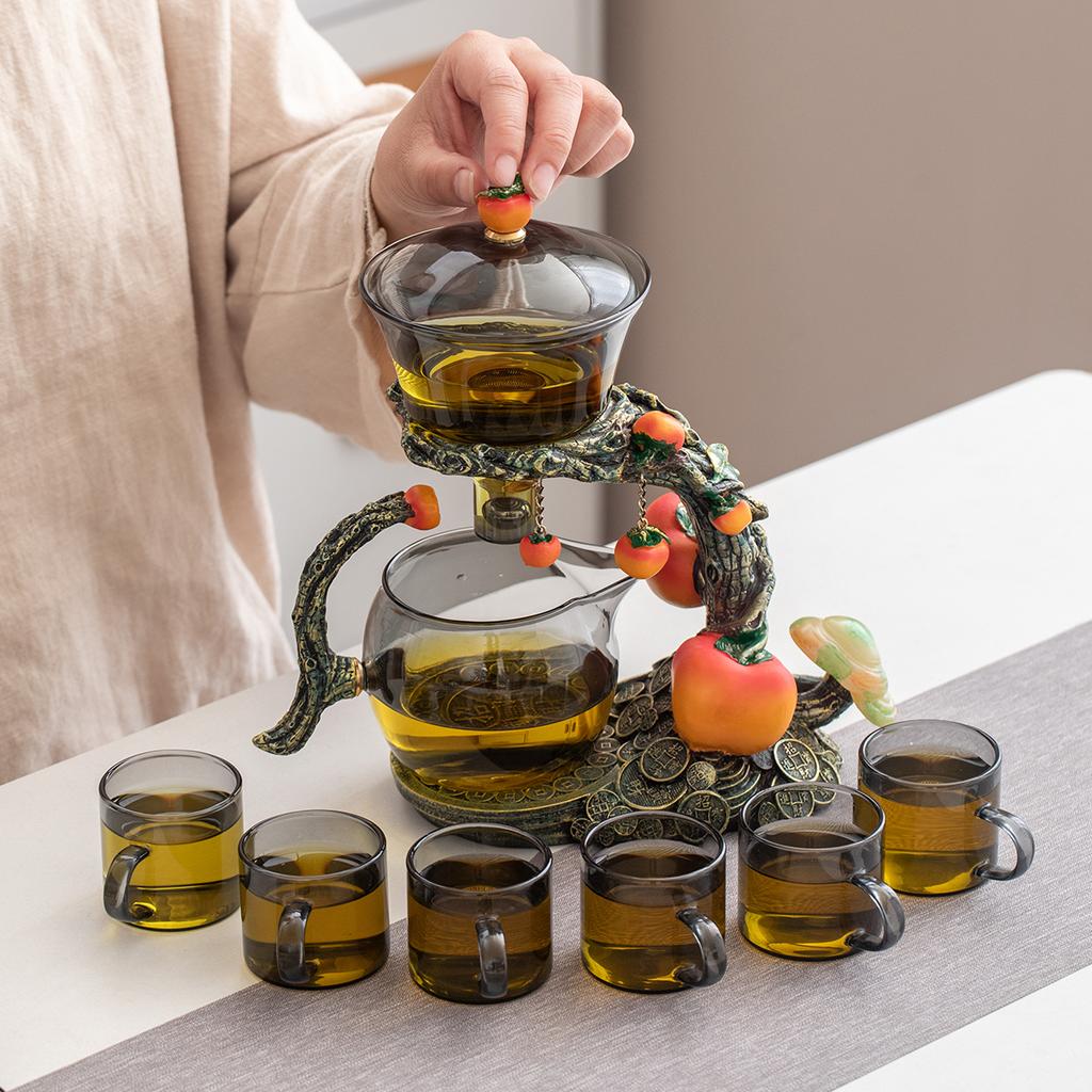 1 Set of Magnetic Lazy Tea Set - Automatic Persimmon Glass Teapot, Tea Cup, Tea Canister, Tea Tray Ideal Gift for Tea Lovers
