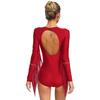 Womens Latin Dance Costume Shiny Rhinestone Tassel Leotard V Neck Long Sleeve Cutout Back Bodysuit for Tango