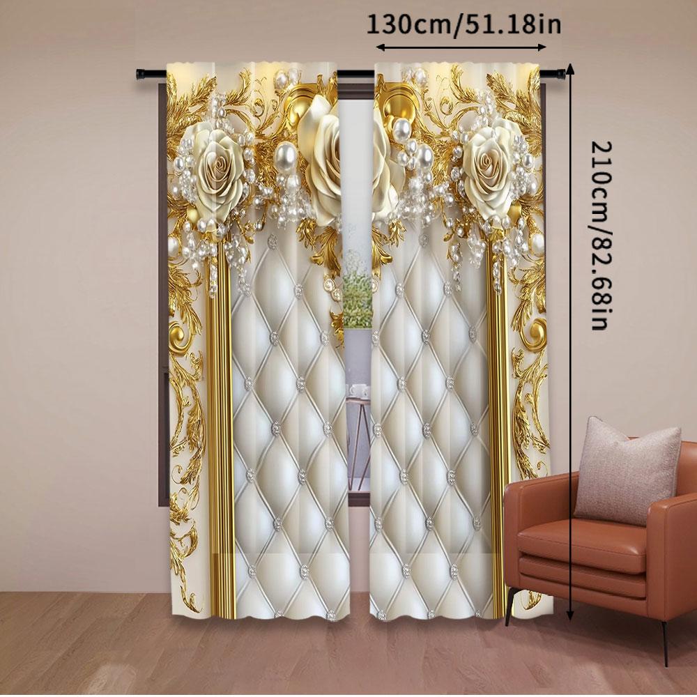 2Pcs Golden Flower Curtain Elegant European Style Suitable For Living Room Dining Room Kitchen Bedroom Bathroom Study Room