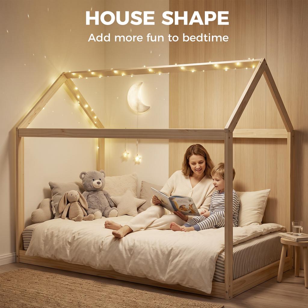 Single Bed Frame, House Scandinavian Wooden Bed Frame for 90W x 190Dcm Mattress, Pine Wood Bed Base, Natural Wood Finish
