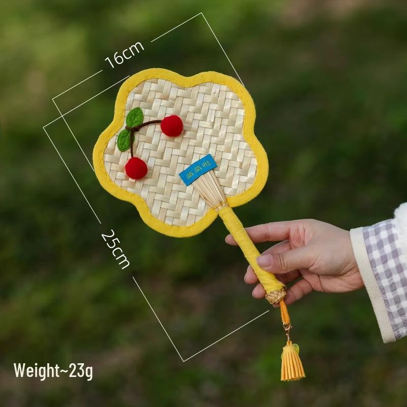 Cherry Handmade Mini Cattail Fan - Cute Cartoon Design, Portable Ancient Chinese Style for Summer