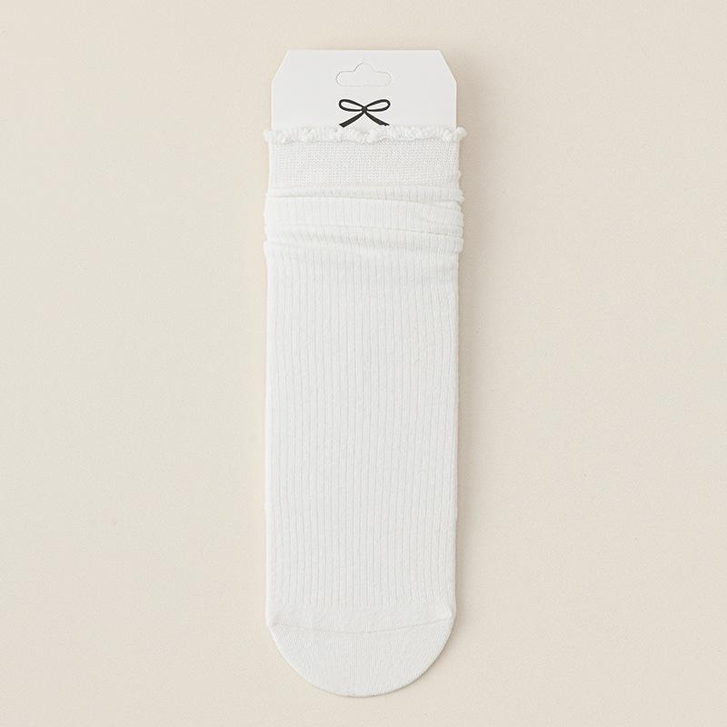 Women's Mid-calf Socks, Boneless Pile Socks, Black Ear-trimmed Solid-color Cotton Socks, Sweat-absorbing and Breathable Long Socks
