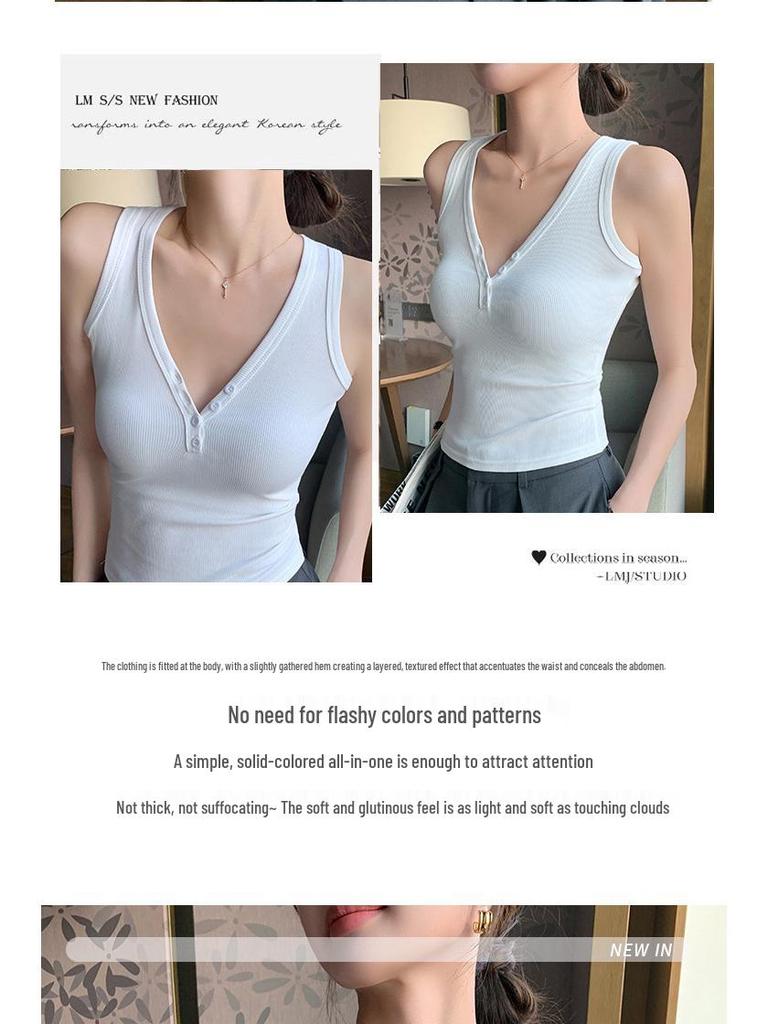 K3019 Threaded Button V-Neck Camisole - Women's Slim-Fit Cotton Top, Spring/Summer Style