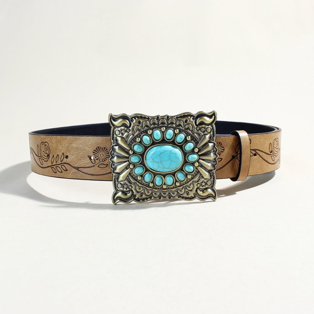 Wide Belt Female Vintage Bohemian Pine Bead Western Buckle Belt Unisex