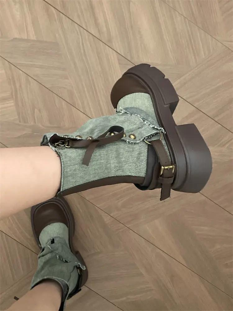 Fashion Platform Studded Denim Mid Calf Shoes Woman Cowboy Round Toe Cowgirl Half High Boots for Women New In Fashion 2024 Work Footwear