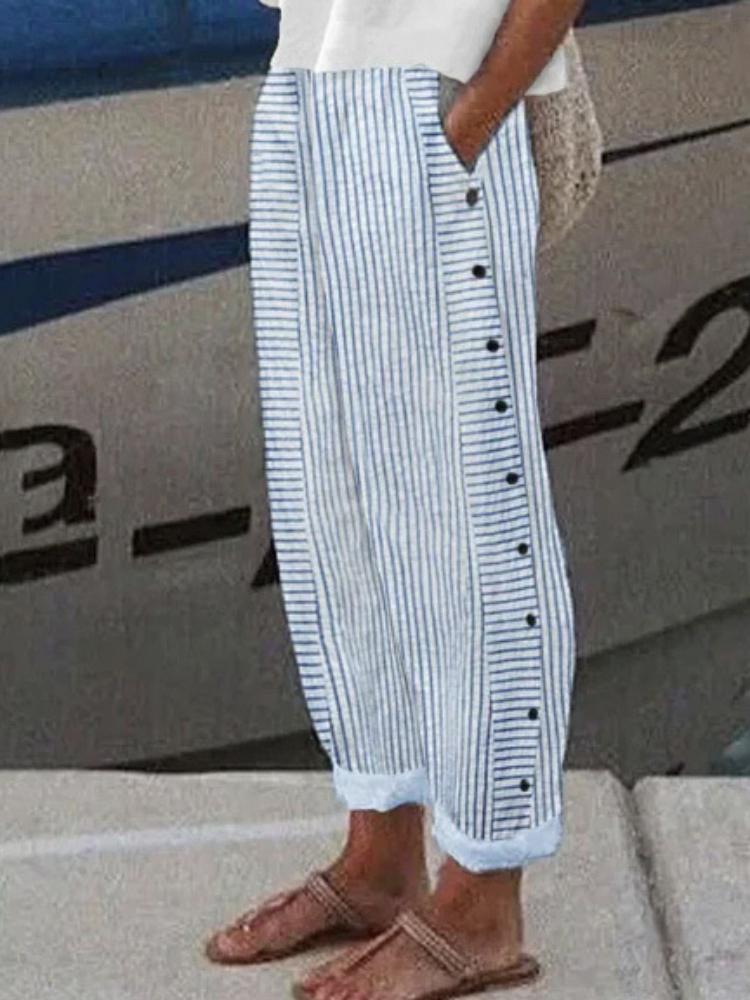 Women Summer Long Pants Striped Print Button Casual Versatile Loose High Waist  Pants