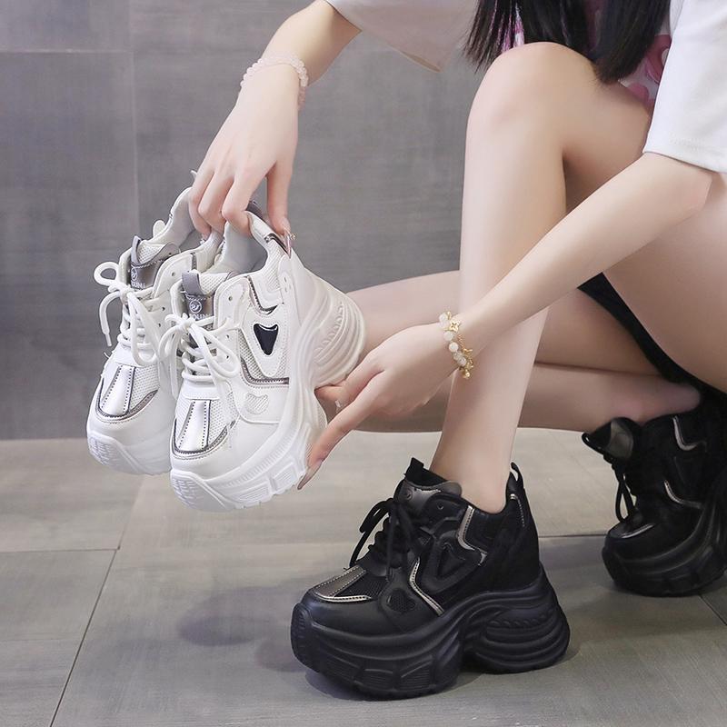Fashion 10CM Women Casual Leather Shoes New Autumn Breathable Mesh Chunky Sneakers Street Height Increased Shoes Thick Platform Sneakers