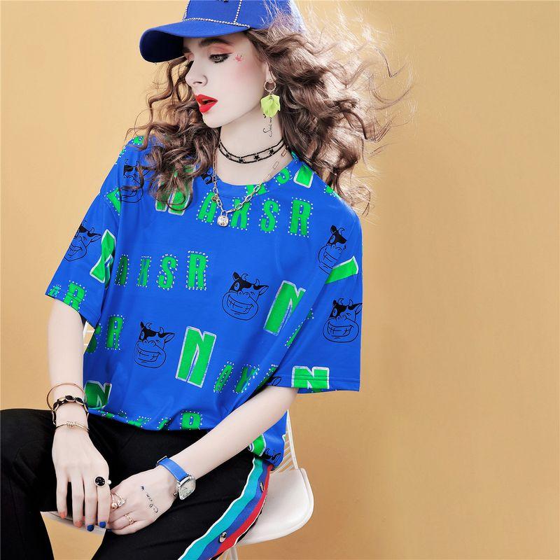 

Pattern C244 European Goods Original Print round Neck Short Sleeve Blue In Stock S