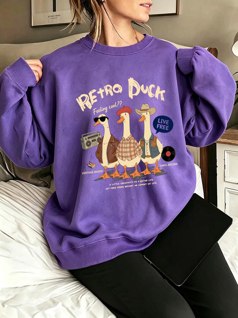 Retro Duck Feeling Cool Live Free Printed Pullovers Women Fleece Sportswear Autumn Crewneck Sweatshirt Y2K Loose Clothes