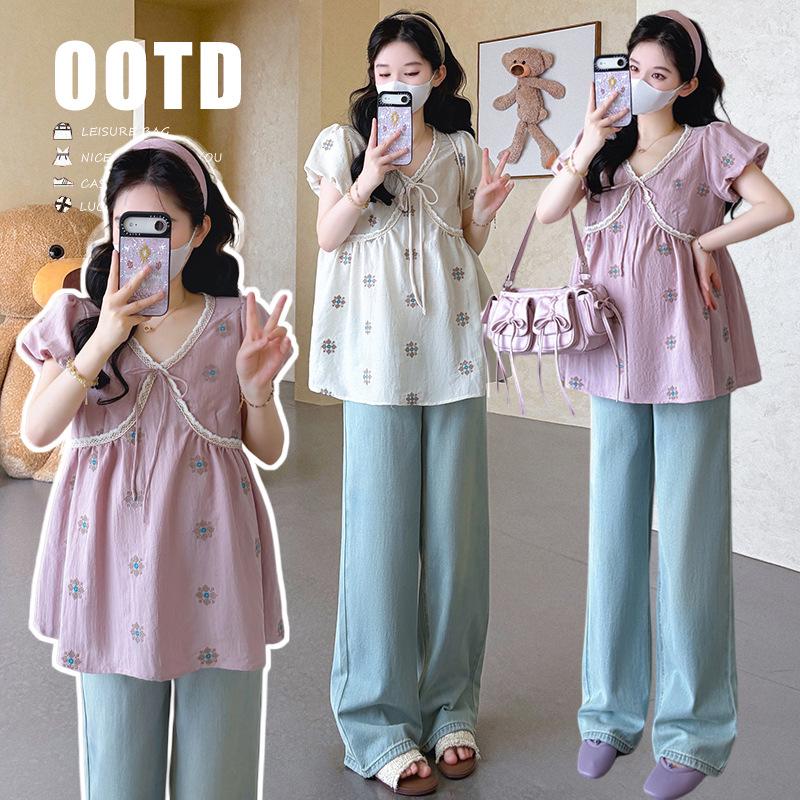 Korean Maternity V-Neck Lace Puff Sleeve Loose Fit Top, Plus Size, Tummy Covering, Summer Style. M