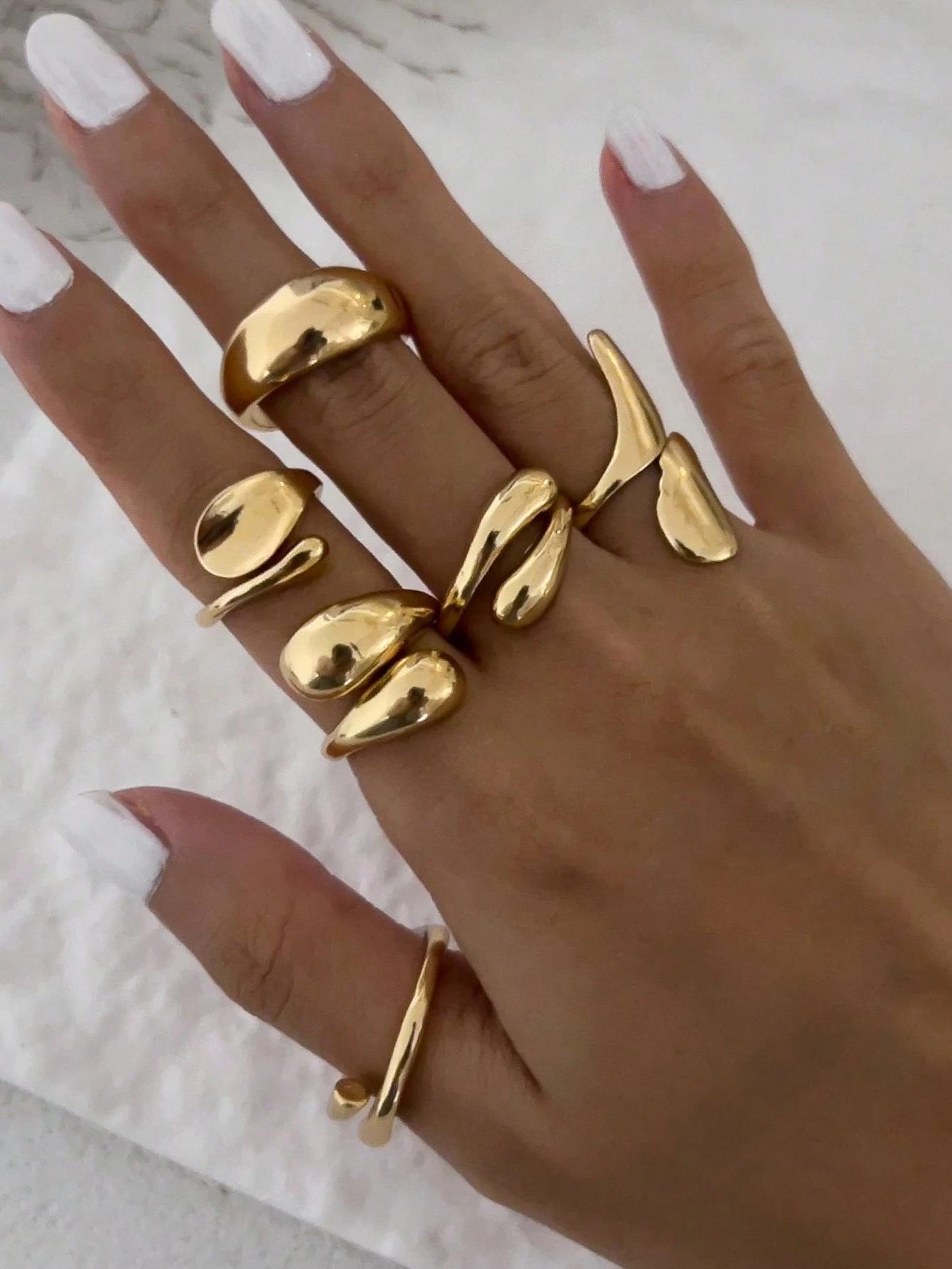 6pcs/Set Vintage Minimalist Metal Liquid Lava Teardrop Leaf Design Open Rings Asymmetrical Fashion Unique Ring Set For Women New