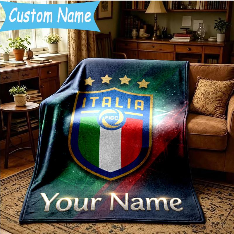 Custom Name Italy Football Crest Blanket Flannel Blanket for Camping, Hiking, Garden Parties, Picnic Essentials,gift for family and friend