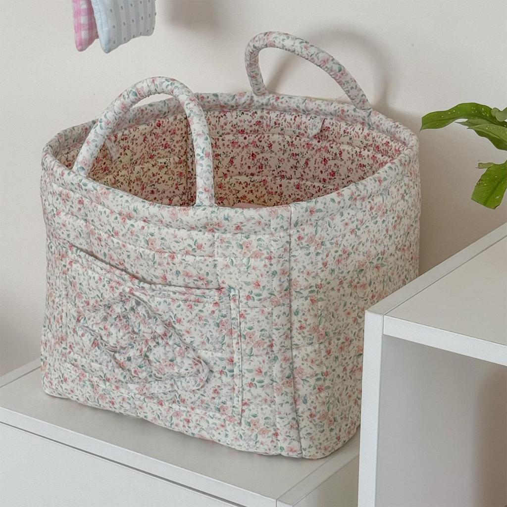 Floral Fabric Baskets for Storage Boho Quilted Tote Storage Organizer Basket with Handles Foldable Storage Basket Organizer